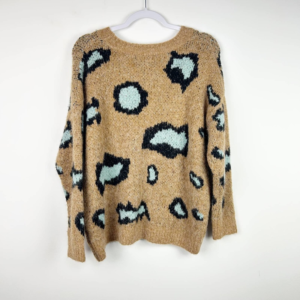 Molly Bracken Chunky Tan Mint Blue Leopard Print Sweater Size XS/S - Picture 2 of 6